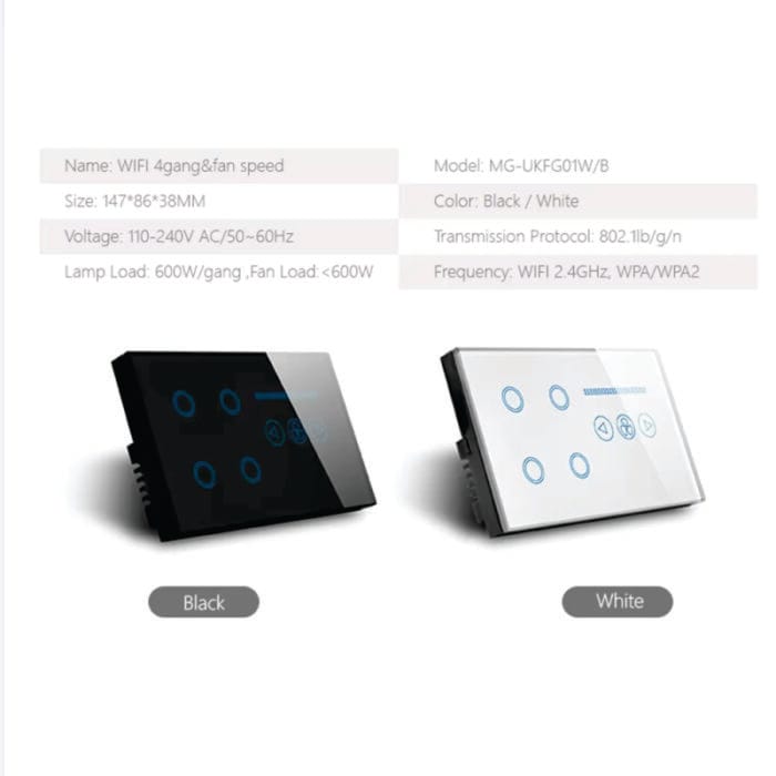 4-Gang Plus Fan Smart Touch Switch - Multi-Function Control with WiFi Connectivity and Touch Interface