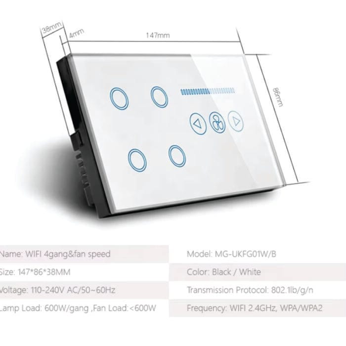 4-Gang Plus Fan Smart Touch Switch - Multi-Function Control with WiFi Connectivity and Touch Interface